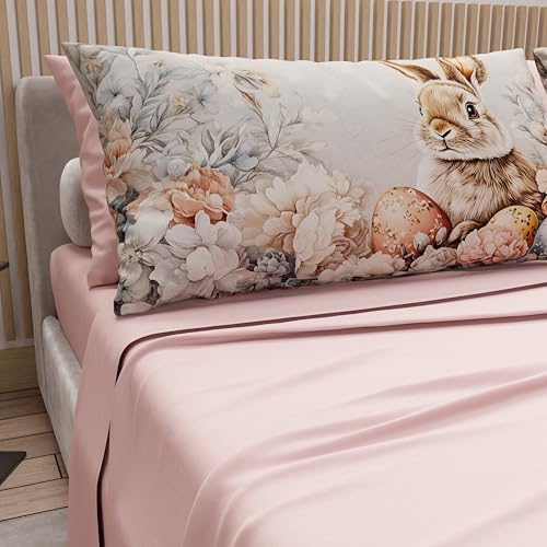 PETTI Artigiani Italiani - Easter Cotton Sheets with Pillowcases in Digital Print, Double Bed Sheets, Easter Bed Set, Queen Size, 28 Powder, Made in Italy