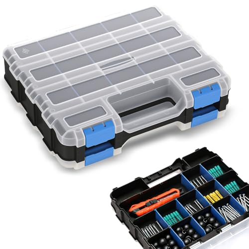 Romon Sorting Box 24 Compartments Double-Sided Assortment Box, Transparent Lid with Lock and Adjustable Dividers, Small Parts Organiser for Tools and Accessories