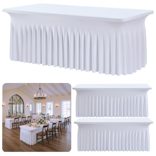 leegleri White Spandex Table Clothes for 8 Foot Rectangle Tables, 2 Pack Wrinkle Free Rectangle Table Cloth 8ft Stretch Fitted Tablecloths with Skirt for Parties Weddings Birthday Banquet Baby Shower