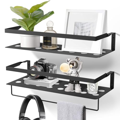 Uten Floating Shelves, Wall Mounted Storage Iron Shelves Set of 2 with Towel Rack, Wall Hanging Organizer Decor Shelf for Bathroom, Kitchen, Bedroom, Laundry Room, Living Room, Black