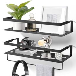Uten Floating Shelves, Wall Mounted Storage Iron Shelves Set of 2 with Towel Rack, Wall Hanging Organizer Decor Shelf for Bathroom, Kitchen, Bedroom, Laundry Room, Living Room, Black
