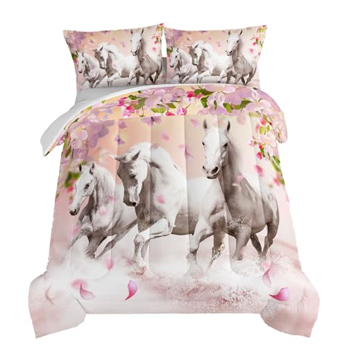 HOSIMA Horse Bedding for Girls,Pink Cherry Blossom Printed Queen Comforter Set for Girls Teens with 2 Pillowcases,3D Farm Wild Animal Pattern for Girls Bedding Set,Western Bedding Set Theme.