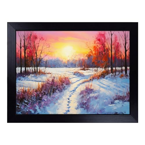 Lap Tray with Bean Bag Cushion, Winter Landscape Palette Knife - Handmade in the UK, Raised Wooden Edge, Padded Cushion, Heat-Resistant Wipe-Clean Surface, for Meals, Laptops and Crafts