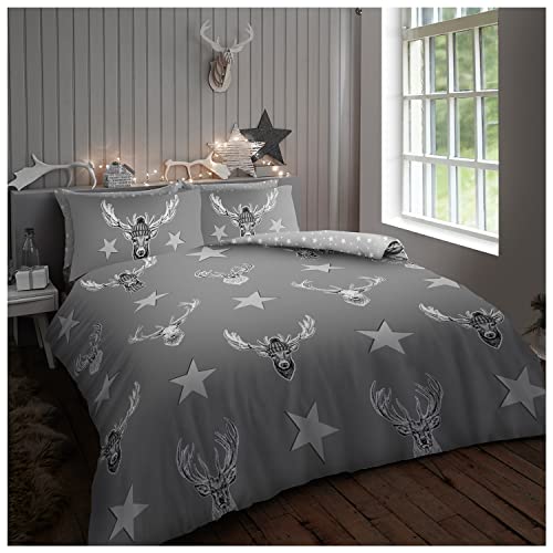 GC GAVENO CAVAILIA Stag Duvet Set King Size, Reversible Printed Star Bedding Set, Washable Polycotton Animal Quilt Covers, Grey