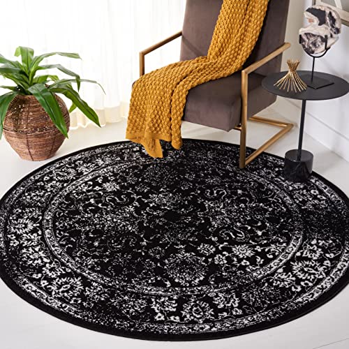 Safavieh Distressed Rug for Living Room, Dining Room, Bedroom - Adirondack Collection, Short Pile, in Black and Ivory, 183 X 183 cm