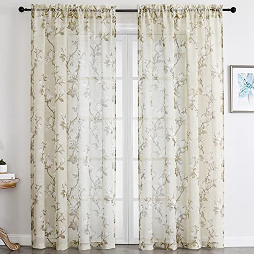 SMILE WEAVER Nature Floral Semi Sheer Curtains 45 Inch Rod Pocket 2 Panels - Stylish Floral Design - Linen Textured - Light Filtering - 45 Inches Length - Living Room Bedroom Kitchen