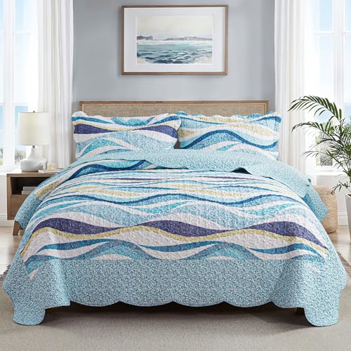 HoneiLife California King Quilt 120x120 - Beach Quilt 3 Pieces, Coastal Quilt Sets, Oversized King Bedspreads, Nautical Bedspreads Ocean Coverlets, Lightweight Bed Cover, Summer Quilts
