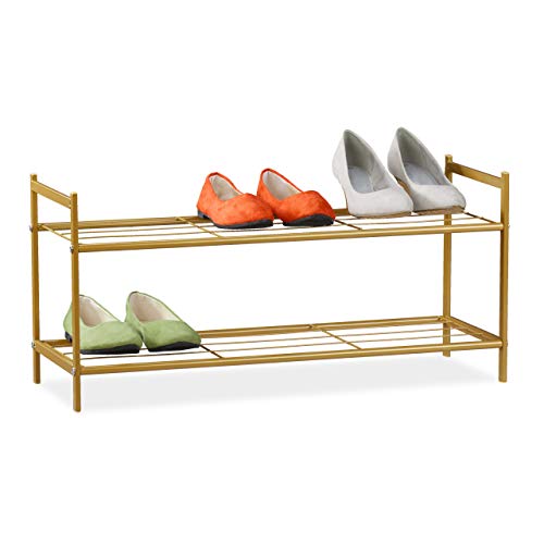 Relaxdays Shoe Rack SANDRA 2 Shelves, Metal Storage Unit, 33.5 x 69.5 x 26 cm, 6 Pairs of Shoes, Gold