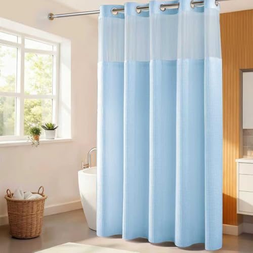 River Dream Cotton Blend Shower Curtain Set with Liner, Sky Blue, 71x86 - Waffle Weave, No Hook Needed, with Snap in Replacement Liner, Top Sheer Window, Hotel Quality for Bathroom, Extra Long
