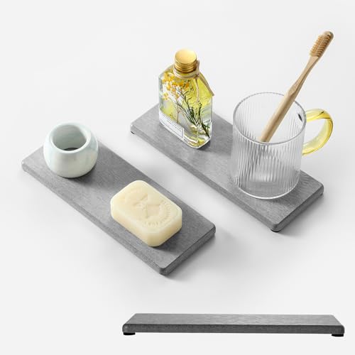 "Razborci 2PCS Water Absorbing Drink Coasters Stone Sink Tray, Bathroom & Kitchen Soap Holder Dish, Fast Drying Diatomite Caddy for Cups & Bottle, Light Gray,9""x3.5"""