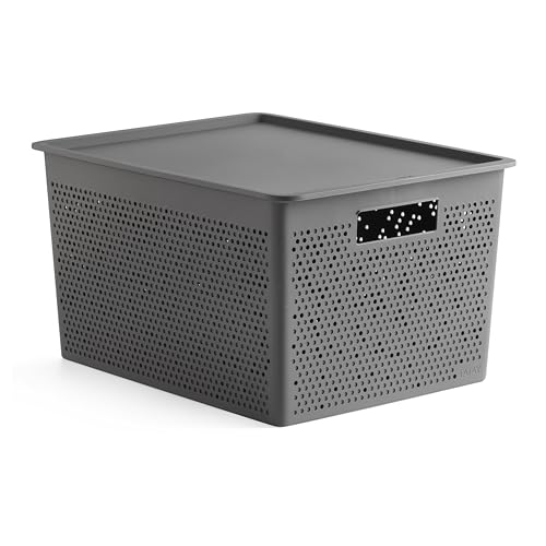 TATAY Plastic Storage Basket 20L Bohol - Organiser Box with Lid - Optimal Ventilation - Stackable Modular System - Integrated Handles - BPA-Free Recycled Plastic - 30x39x21.5 cm, Grey