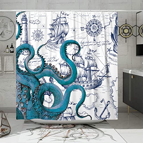 "DESIHOM Blue Nautical Octopus Shower Curtain Set, Funny Ocean Kraken Shower Curtains for Bathroom, Beach Coastal Pirate Map Decor Polyester Fabric-72"" x 72"""