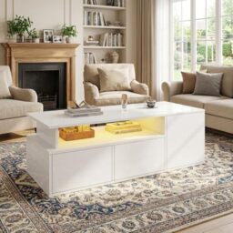39F Furniture Dream High Gloss White LED Coffee Table with 2 Drawers, Modern Centre Table with Open Storage, App-Controlled RGB Lights, Space-Saving Living Room Furniture, 100x50x35cm, Particleboard