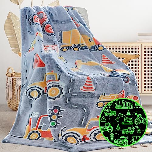 "Gitrat Glow in The Dark Blanket Easter Gifts for Kids Fuzzy Cozy Warm Soft Fleece Glowing Tractor Blankets for Bed Sofa Couch Unique Gifts Construction Truck Throw Blanket for Boys Teens 50""×60"""