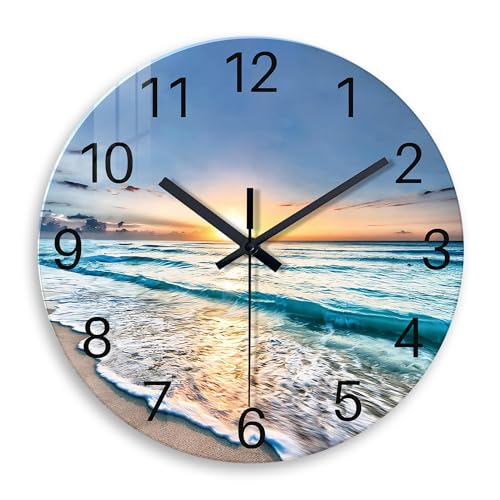 Constantplanet Blue Coastal Wall Clock Battery Operated 16 Inch - Glass Analog Clock Silent Non-Ticking - Beach Round Large Wall Clock for Living Room.