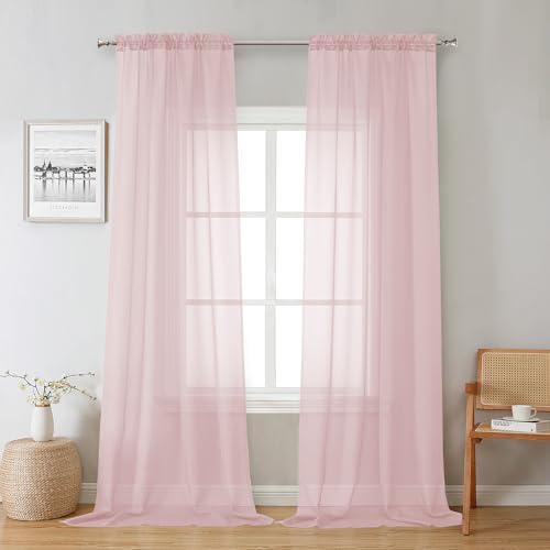"Lecloud Blush Pink Sheer Curtains 96 Inches Long 2 Panels, Modern Airy Voile Solid Curtains, Transparent Aesthetic Windows Decor Drape with Rod Pocket for Bedroom Living Room, Each 42"" W x 96"" L"
