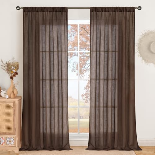 BGment Long Linen Curtains 102 Inch Length for Living Room, Brown Semi Sheer Window Drapes for Bedroom Farmhosue Decor with Rod Pocket Leightweight Rustic Textured, 2 Panels Set, Each 52 Inch Wide