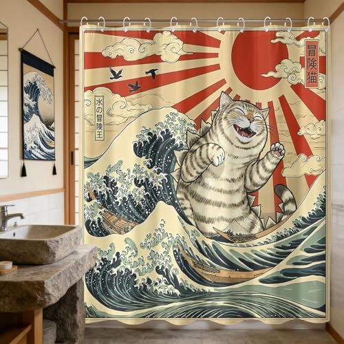 Kanuyee Kaiju Cat Shower Curtain, Water-Repellent Bathroom Decor with Plastic Hooks, Japanese Wave Tale Home Decor 72x72 Inch.
