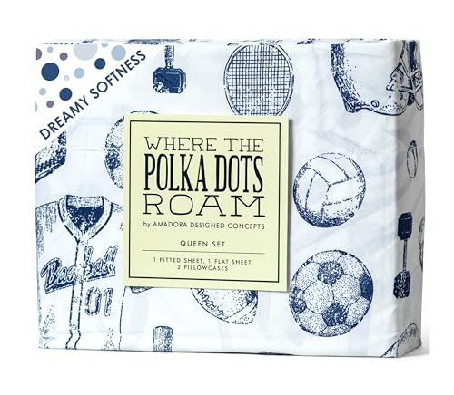 Kids Sports Bedding Set Queen Size, Super Soft Baseball, Football, Soccer Themed Bedsheets for Teens and Children, Wrinkle Resistant Premium Flat and Fitted Sheets for Boys and Girls Sports Room D??cor