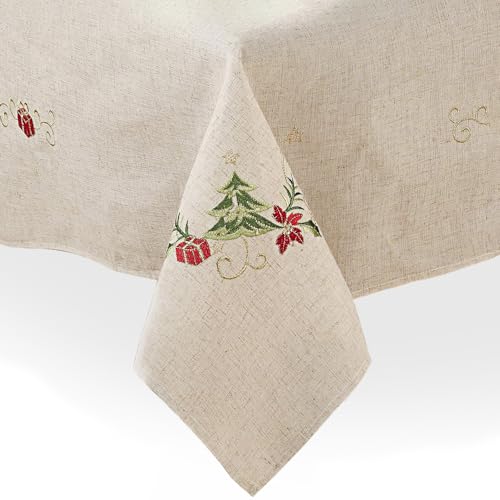 "SARO LIFESTYLE Embroidered Christmas Tree Design Linen Blend Tablecloth, Natural, 67"" x 120"""