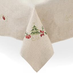 "SARO LIFESTYLE Embroidered Christmas Tree Design Linen Blend Tablecloth, Natural, 67"" x 120"""