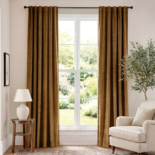 Lazzzy Velvet Blackout Curtains Brown Thermal Insulated Curtains 84 Room Window Drapes Super Soft Luxury Curtains for Living Room Bedroom Rod Pocket 2 Panels 84 Inch Long Gold Brown
