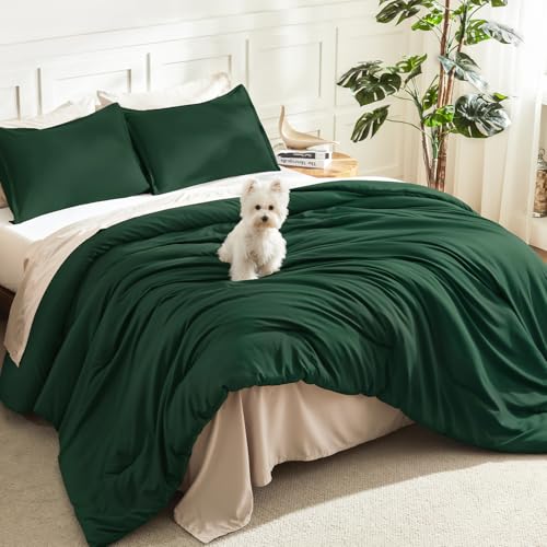Litanika Dark Emerald Green Full Comforter Set, 3 Pieces Solid Forest Bedding Set, All Season Fluffy Bed Set (79x90In Comforter & 2 Pillowcases)