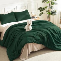 Litanika Dark Emerald Green Full Comforter Set, 3 Pieces Solid Forest Bedding Set, All Season Fluffy Bed Set (79x90In Comforter & 2 Pillowcases)