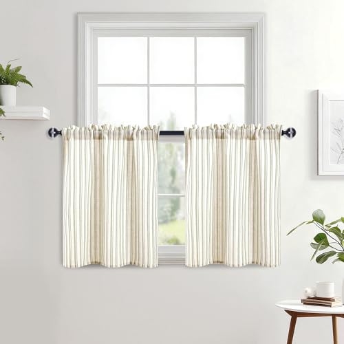 JIUZHEN Farmhouse Striped Linen Kitchen Curtains 2 Panels - Short Tier Drapes 36 Inch Length, Rod Pocket Rustic Window Treatment for Bathroom Living Room, Vertical Striped Green