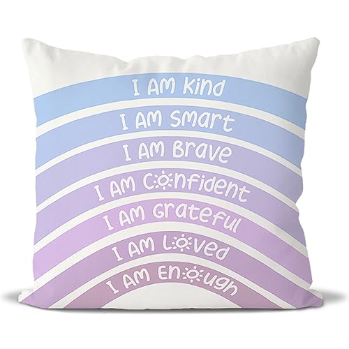 QIYUHOY Royal Purple Rainbow Classroom Throw Pillow Covers, 18x18 Inch - Book Center Calming Corner Playroom Decor Pillow Case, Purple Pillow Cover, I Am Kind Smart Brave Confidence Pillowcase