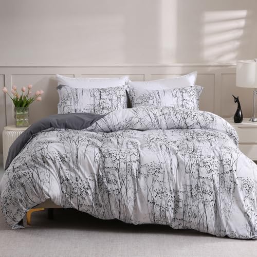 LONAVA Queen Botaincal 3 Pcs Duvet Cover Set, Breathable Soft Microfiber Deep Grey Lining Comforter Cover with Zipper Closure, and 2 Anti-Pilling, Fade Resistant Pillowcases, Winter Forest