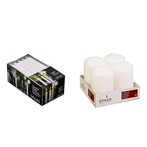 Spaas 20 Household Tapered Dinner Candles 19/180 mm, ± 6 Hours, Unscented, White & Unscented Pillar Candle 50/80 mm, 18 Hours, White