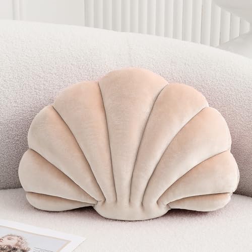 XIAIJIA Decorative Shell-Shaped Pillow, Decorative Cushion with 3D Inlet, Beach Pillow, Soft Velvet Pillow, Maritime Decoration for Couch, Bed, approx. 46 x 33 cm, Champagne