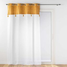 Douceur d'Intérieur, Evie Ochre Net Curtain with Eyelets (140 x 240 cm) Sandblasted Velvet and Pompom Finish