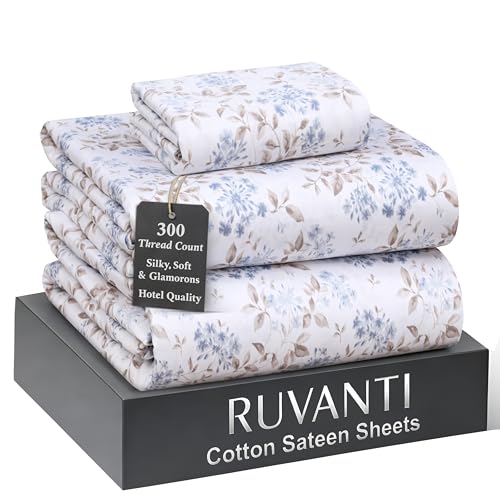 "Ruvanti 100% Cotton Sateen Sheets Twin Size, Countryside - Twin Sheet 300 Thread Count 3 Piece Set, 16"" Deep Pocket, Cooling Bed Sheets For Hot Sleepers, Breathable & Durable"