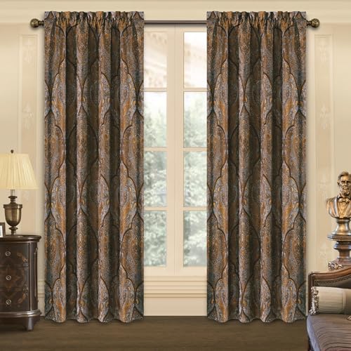 Loom and Mill Luxury Jacquard Curtains for Bedroom, Classic Antique Lined Damask Curtains 2 Panels with Tiebacks, Bronze Gold Window Curtain for Living Room Holiday Banquet Decor(52Wx84L, 2 Panels)