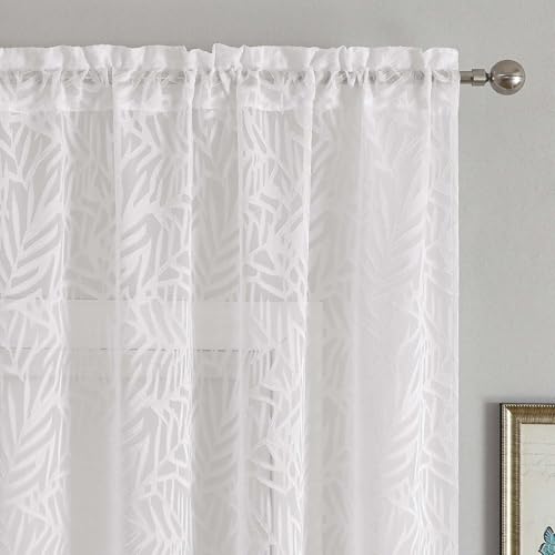 OVZME White Small Sheer Curtains 45 Inch Length 2 Panels Set, Light Filtering Soft Airy Cafe Curtains Dual Rod Pocket Design, Leaf Jacquard Farmhouse Window Drapes for Kitchen, 2x28Wx45L Inches