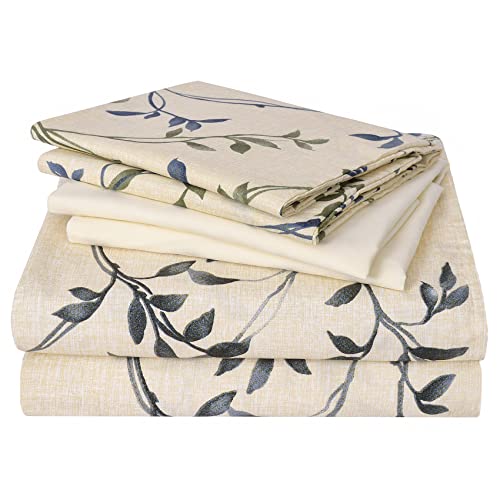 JSD 6 Piece Beige Leaves Printed King Sheet Set Extra Deep Pocket - Soft Botanical Microfiber Sheet Pillowcases Set, OEKO-TEX Certified, Easy Care
