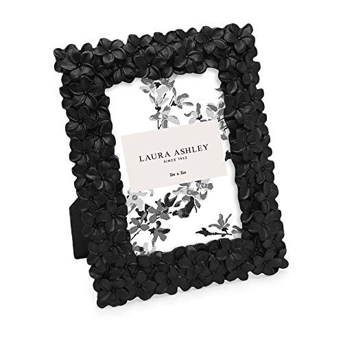 Laura Ashley 2x3 Black Flower Textured Hand-Crafted Resin Picture Frame w/Easel & Hook for Tabletop & Wall Display, Decorative Floral Design Home D??cor, Photo Gallery, Art (2x3, Black)