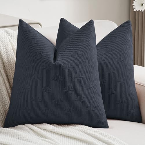 FUTEI Navy Blue Chenille Decorative Throw Pillow Covers 18x18 Inch Set of 2,Soft Cozy Striped Geometric Patterns Cushion Cases,Modern Home Decor for Couch Bed Living Room
