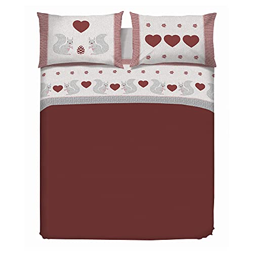 PENSIERI DELICATI Double Bed Set, Flannel 100% Cotton Warm and Soft, Bedding Set 180 x 200 cm, Includes Fitted Sheet, Top and 2 Pillowcases, Made in Italy, Red Squirrel Pattern