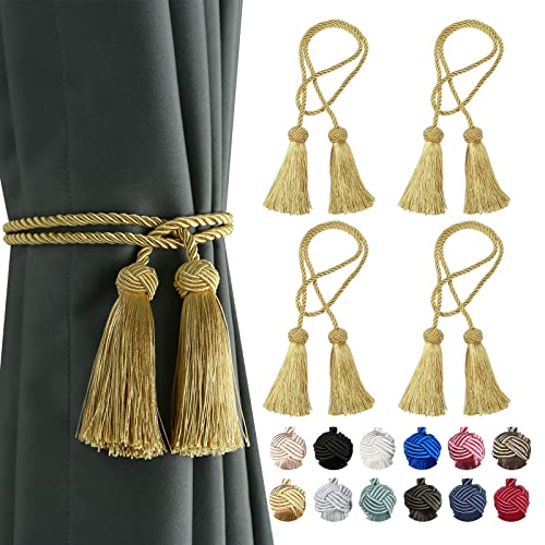 BEL AVENIR 4 Pack Curtain Tiebacks Handmade Decorative Curtain Holdbacks Rope with Tassel- Gold