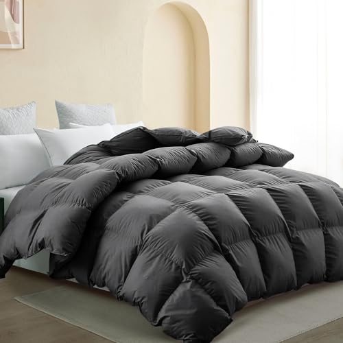 "SNOWMAN All-Season 75% Down Comforter Queen Size, Fluffy Duvet Insert with 8 Corner Tabs, Durable Down Proof Cotton Blended Fabric and 3D Baffle Box Construction (Dark Grey, 90""x90"")"