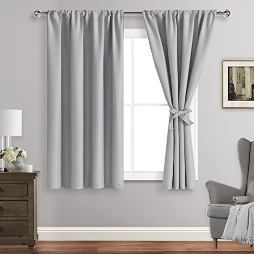 JIUZHEN Blackout Curtains for Bedroom - Thermal Insulated Noise Reducing Privacy Short Curtain for Living Room, Set of 2 Panels with Tiebacks, 38 x 45 inches Long, Silver Grey