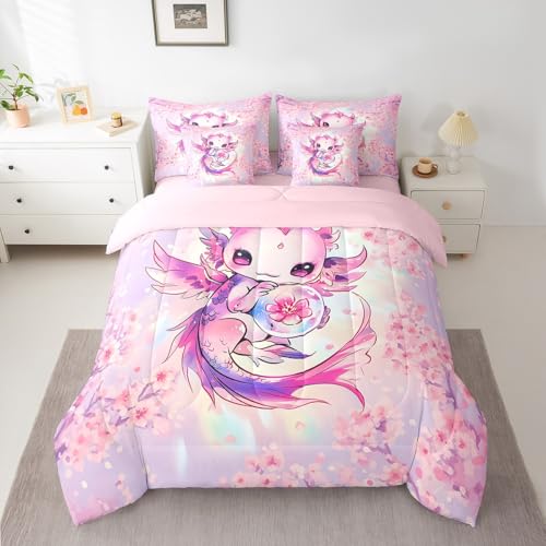 Feelyou Kids Cute Axolotl Bed in A Bag Twin Size, Cartoon Animal 7 Pieces Bedding Set Boys Girls Kawaii Ocean Sealife Comforter Set with Sheets Floral Teens Bed Set 7Pcs