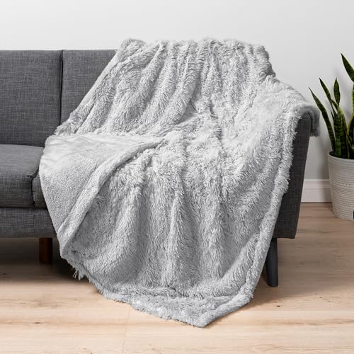 PAVILIA Light Gray Fluffy Throw Blanket for Couch, Fuzzy Blanket for Women Men, Furry Plush Warm Blanket Bed Sofa, Super Soft Thick Faux Fur Sherpa Blanket Throw, 50x60