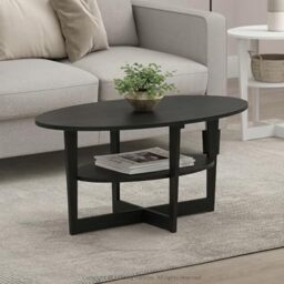 Furinno Jaya 2-Tier Round Coffee Table, Small Black Coffee Table with Storage Shelf, Oval Center Table for Living Room, Bedroom, Home Office, Black Walnut