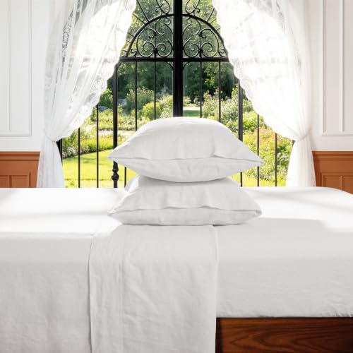 Shilucheng 100% French Linen Sheets - Queen Size Bed Sheets, Breathable & Cooling Pure Linen Sheets,Soft Durable and Tear Resistant -16 Inch Deep Pocket - 4Pcs (White, Queen)