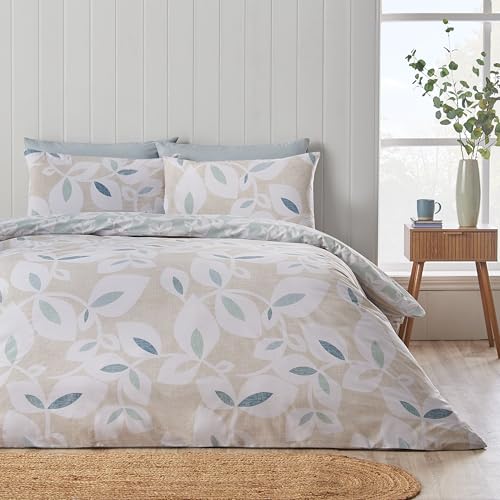 Catherine Lansfield Inga Leaf Reversible Double Duvet Cover Set with Pillowcases Natural