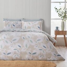 Catherine Lansfield Inga Leaf Reversible Double Duvet Cover Set with Pillowcases Natural